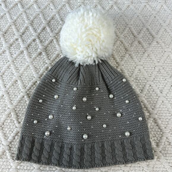 Capelli New York Gray Beanie Hat Pom Pom Pearl Rhinestone Embellished M/L - Picture 1 of 10